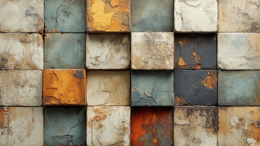 Poster abstract arrangement of weathered and distressed blocks in muted colors