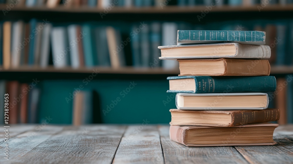 Poster stack of books on a table with a blue background
