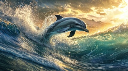 Fototapeta premium A dolphin breaking the surface of the water, playfully splashing as it swims through crystal-clear waves, with sunlight glistening off its sleek body.