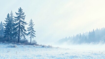 Fototapeta premium Serene Winter Landscape Frost-Covered Field and Misty Coniferous Forest on a Cold, Clear Day