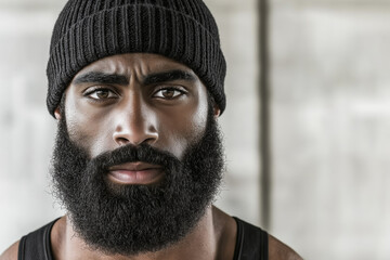Confident Man with Full Beard Wearing Black Beanie Staring Intently