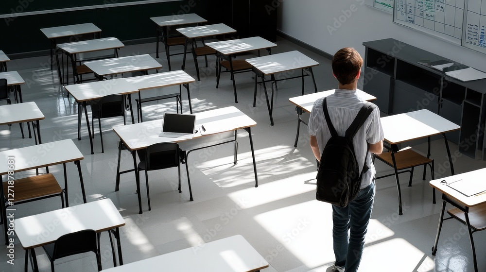 Poster A boy stands in front of a classroom full of empty desks
