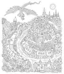 Hand drawn fantasy European town and fairy tale flying dragon. Adults and Children Coloring Book page 