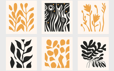 Trendy vector set, groovy abstract flower posters, floral doodle naive patterns, contemporary Matisse style, minimalist design, modern abstract art, wall decor