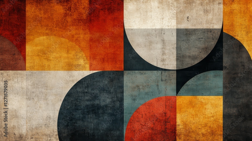 Poster Abstract geometric pattern with textured squares and circular shapes