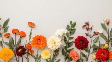 Fototapeta premium Flat lay of bright fall florals in vibrant oranges, reds, and yellows, with a variety of blooms including dahlias and marigolds, on a neutral beige surface, elegant and natural feel, sharp clarity