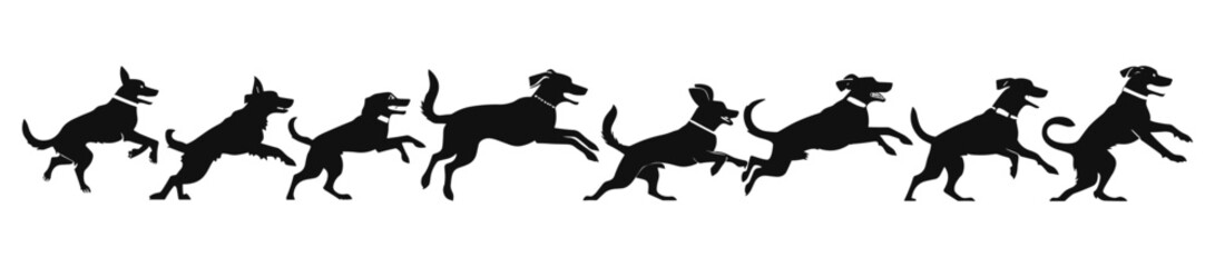 Group of different breeds dogs jumping, running vector silhouette, various dog breeds, dog action silhouettes, running dogs, jumping dogs, animal vector collection