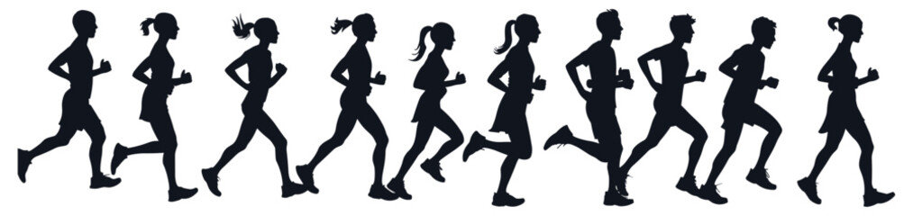 Running group vector illustration, side view silhouette of men and women, athletic runners, fitness, motion concept, active lifestyle, sports training, healthy living
