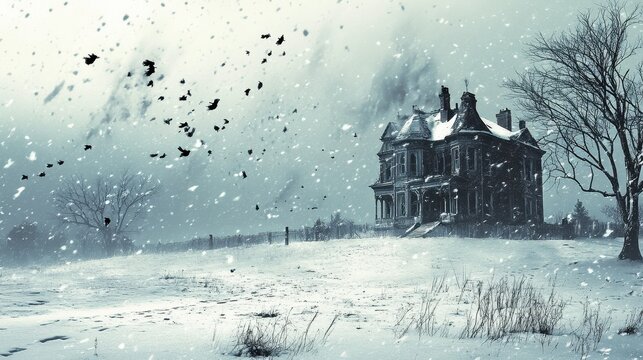 Spooky haunted house surrounded by crows and falling snow