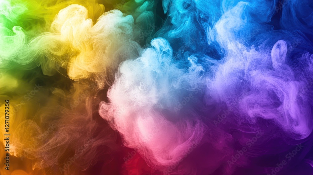 Poster a dynamic image of rainbow-colored smoke plumes emerging from a single source, with each color blend