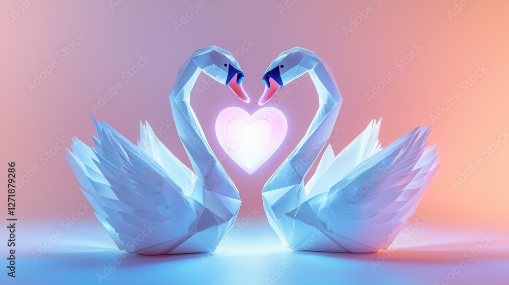 Poster two elegant origami swans form a heart shape with a glowing light between them, set against a soft g