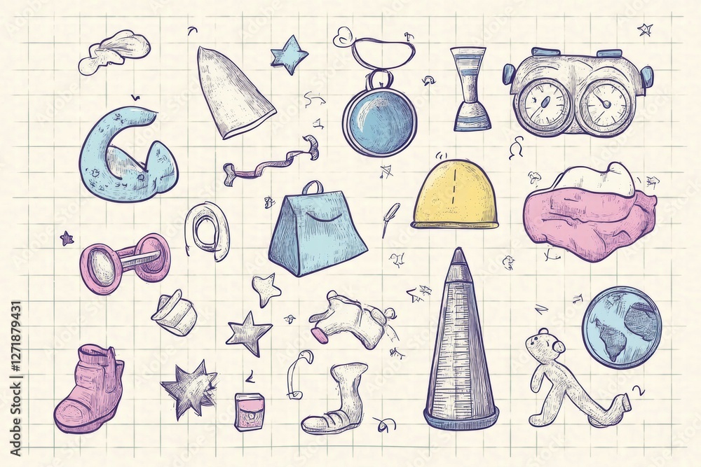 Aufkleber colorful doodles of various objects and toys sketched on a grid background showcasing creativity and
