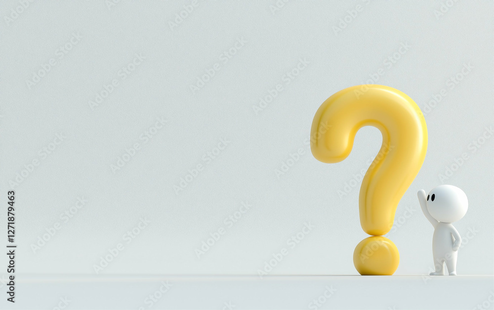 Fototapete Yellow question mark with small person thinking. 3d rendering of question mark and person. Question mark and thinking person on white background