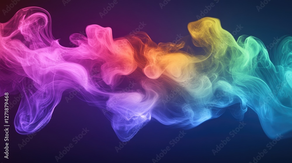 Poster a dynamic image of rainbow-colored smoke plumes emerging from a single source, with each color blend