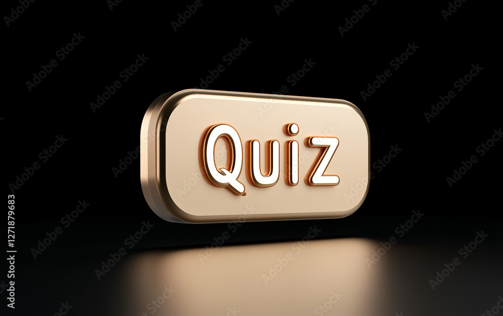 Poster Quiz Button Render Graphic Resource. Golden quiz button on a black background. Quiz button render
