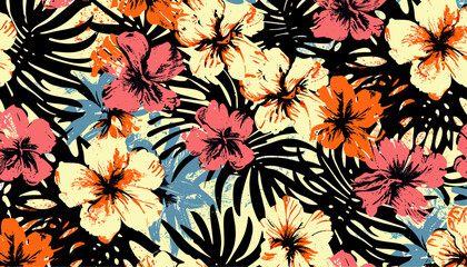 Grunge hibiscus flowers pattern, tropical vintage wallpaper, seamless design for beach towel, summer wear fabric, swimsuit, patchwork shirt, tropical floral print, island style
