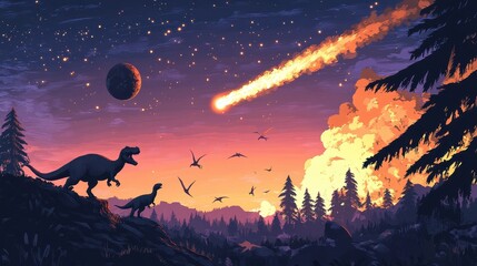 Fototapeta premium Dinosaurs watch a fiery comet plummet toward the earth