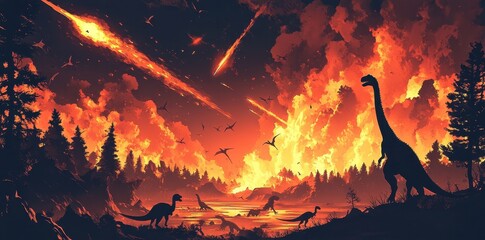 Dinosaurs facing extinction event with meteors and fiery sky