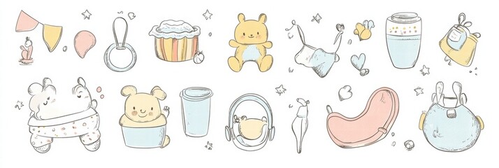 Cute collection of pastel illustrations featuring bears, toys, and playful objects in a whimsical setting. Generative AI