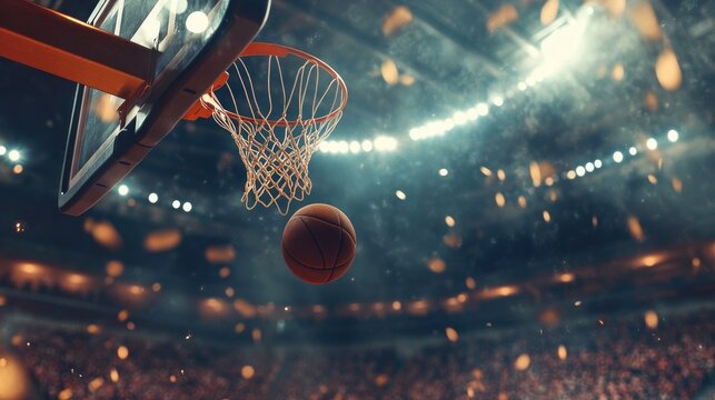 A dynamic shot of a basketball in mid-air, heading towards the hoop with a dramatic background of a basketball court and cheering crowd.