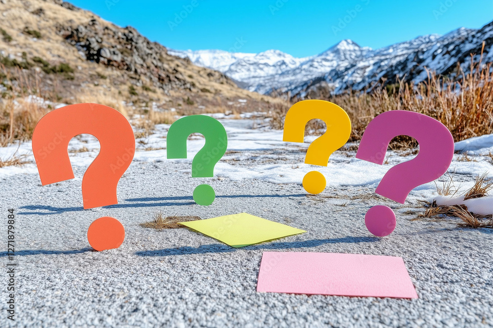 Poster question marks colorful question graphic design on snowy mountain background. question marks colorfu