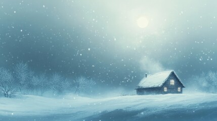 Snowy landscape shows cabin illuminated by moonlight during winter