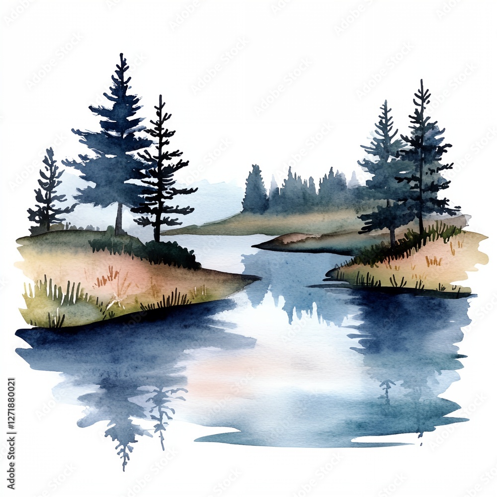 Poster painting of a forest with a river running through it
