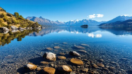 A beautiful lake with mountains in the background