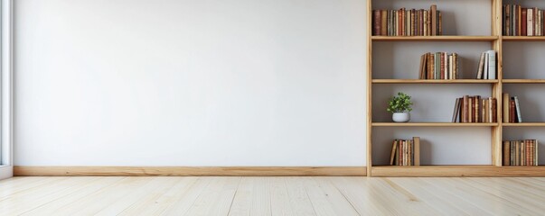 A minimalist room features a wooden bookshelf filled with books against a plain wall, creating a serene and organized atmosphere.