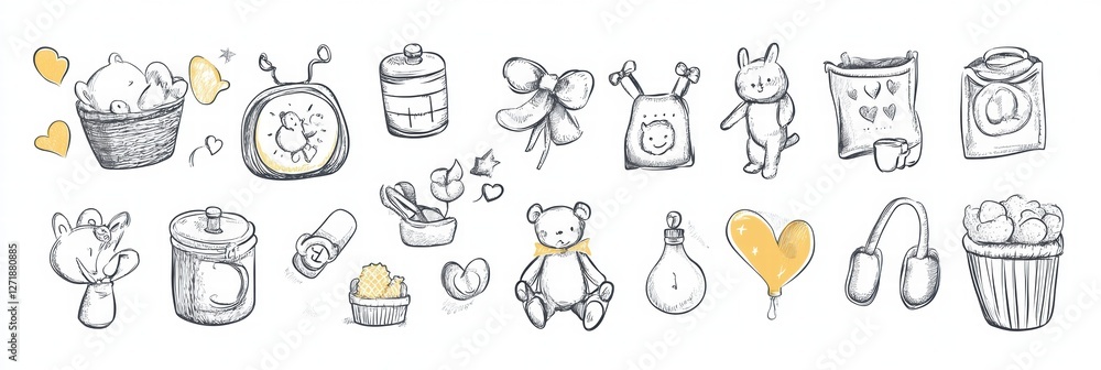 Aufkleber illustrations of cute characters and objects in a playful and minimalist style featuring soft colors