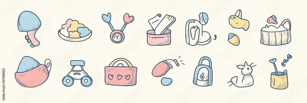 Poster cute collection of illustrated doodles featuring various playful objects and animals in a light pale