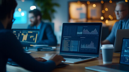 A person analyzes data on a laptop in a modern workspace, surrounded by colleagues discussing insights and graphs in a collaborative environment.