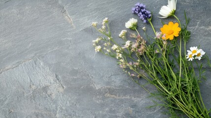 Flat lay of wild garden flowers on a rough stone table, gentle sunlight casting soft shadows, minimal yet vibrant arrangement, rustic and natural aesthetic, high-definition textures