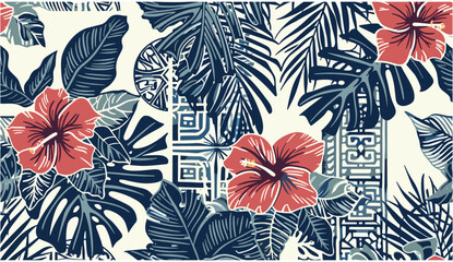 Hawaiian style hibiscus flowers, tropical leaves, tribal elements, vintage vector, seamless pattern, abstract background, patchwork, tropical flowers, retro design, nature motifs, floral texture