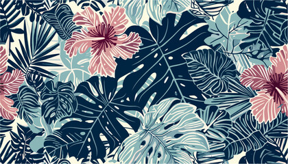Vector floral seamless pattern hibiscus flowers Hawaiian style grunge wallpaper, tropical, vibrant, exotic design, nature, bright colors, tropical garden, summer theme © aura studio