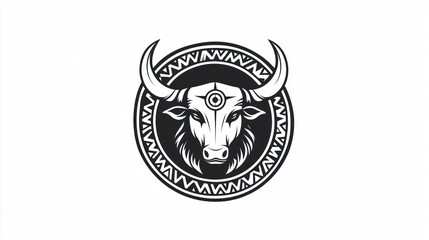 Stylized bull's head graphic design, tribal circular frame, decorative