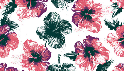 Hawaiian style hibiscus flowers wallpaper grunge floral pattern vector illustration, tropical design, exotic nature, vibrant background, seamless, summer flowers, floral art © aura studio