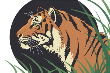   Hyper-realistic tiger portrait, green grass frame, intense gaze, detailed fur texture, striking orange and black stripes, circular composition, white background, dramatic lighting, 3D effect, wildl