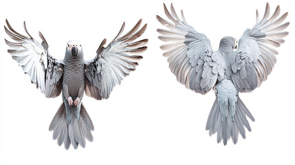 African grey parrot bundle, flying, portrait and standing in back view, isolated on a white background.