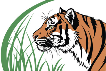   Hyper-realistic tiger portrait, green grass frame, intense gaze, detailed fur texture, striking orange and black stripes, circular composition, white background, dramatic lighting, 3D effect, wildl