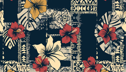Hawaiian tapa tribal elements, hibiscus flowers, vintage abstract patchwork, grunge effect, seamless pattern, vector illustration, tribal art, tropical design, boho pattern © aura studio