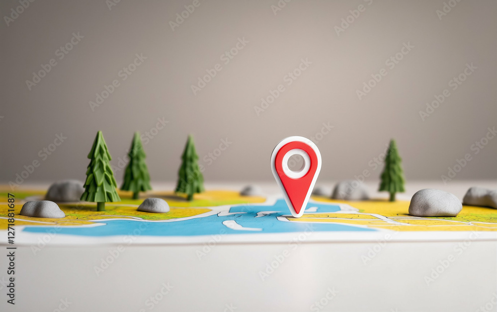Poster Map Pin on a Topographic Map with Location Pin and Trees. Location pin on the map shows the destination. Map design with location pin and trees