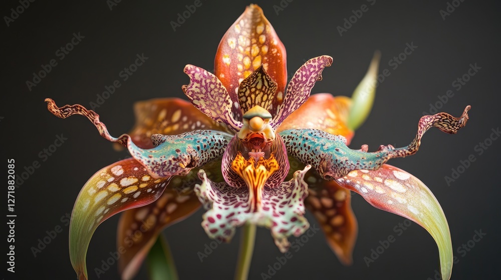Poster a macro shot of an exotic orchid with intricate patterns and vivid colors, showcasing its unique str