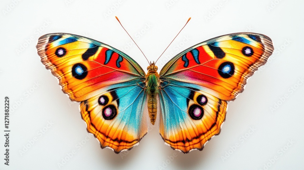 Poster a macro shot of a colorful butterfly perched on a white background, with its vibrant wings spread op