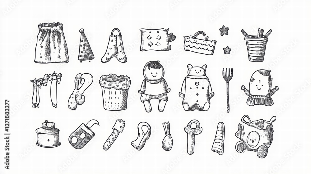 Aufkleber collection of hand drawn toys and play items displayed in a neat arrangement in black and white line