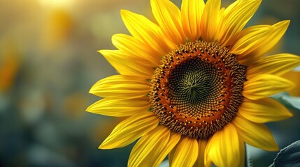 Obraz premium A macro view of a bright yellow sunflower with its textured center and surrounding petals in sharp focus, set against a muted, complementary background.