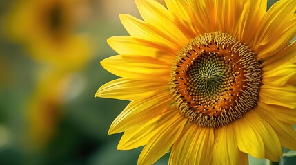 A macro view of a bright yellow sunflower with its textured center and surrounding petals in sharp focus, set against a muted, complementary background.