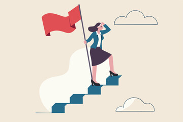 Success fearless female entrepreneur, woman leadership or challenge and achievement concept, success businesswoman on top of career staircase holding winning flag looking for future visionary.