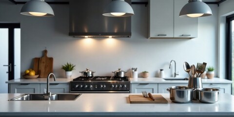 Modern Kitchen Island with Stainless Steel Cookware and Utensils
