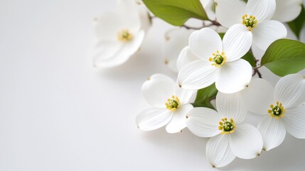 Fresh white dogwood blossoms with hints of yellow centers, presented on a clean white background, natural elegance and intricate petal details, bright and refreshing aesthetic, ultra-realistic